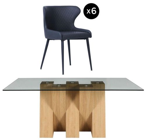 Newton 6 Seater Smoked Glass and Natural Dining Set - 6 Langley Grey Faux Leather Chair