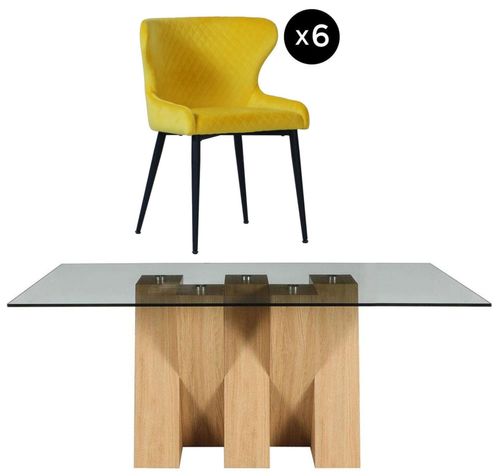 Newton 6 Seater Smoked Glass and Natural Dining Set - 6 Langley Yellow Fabric Chair