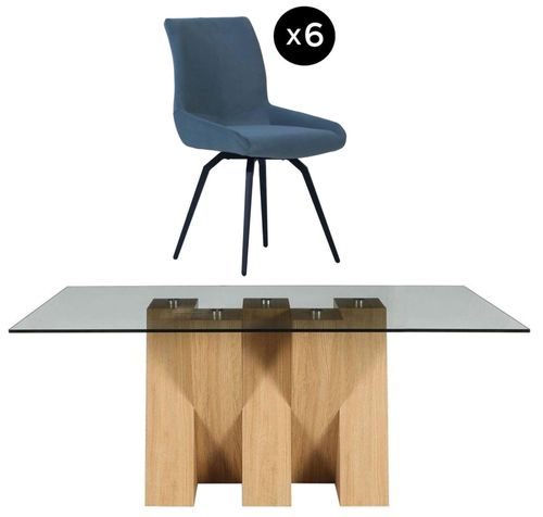 Newton 6 Seater Smoked Glass and Natural Dining Set - 6 Malcom Blue Fabric Swivel Chair