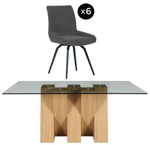 Newton 6 Seater Smoked Glass and Natural Dining Set - 6 Malcom Dark Grey Fabric Swivel Chair