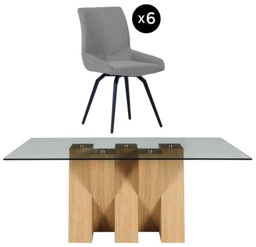 Newton 6 Seater Smoked Glass and Natural Dining Set - 6 Malcom Grey Fabric Swivel Chair