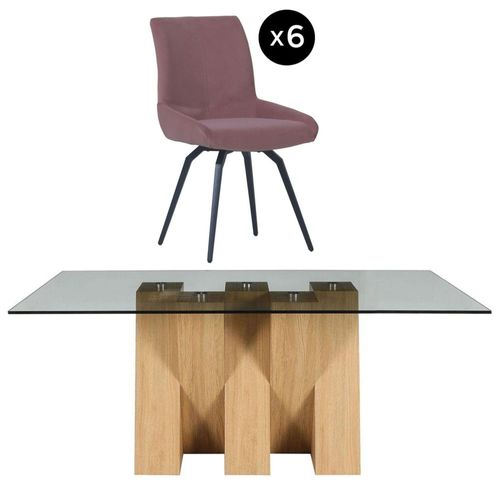 Newton 6 Seater Smoked Glass and Natural Dining Set - 6 Malcom Pink Fabric Swivel Chair