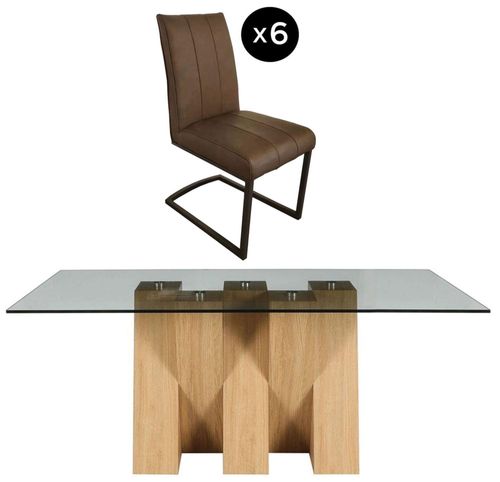 Newton 6 Seater Smoked Glass and Natural Dining Set - 6 Tira Vintage Brown Faux Leather Cantilever Chair
