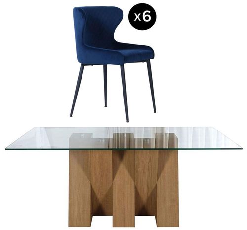 Newton 6 Seater Clear Glass and Natural Dining Set - 6 Langley Blue Fabric Chair