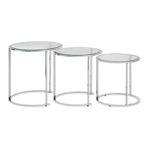 Clearance - Allure Glass Round Nest of 3 Tables with Silver Base - A305