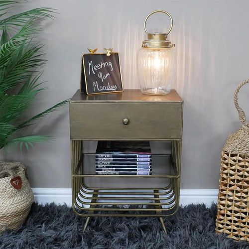 Clearance - Dutch Brushed Metal and Glass 1 Drawer Bedside Cabinet - A311