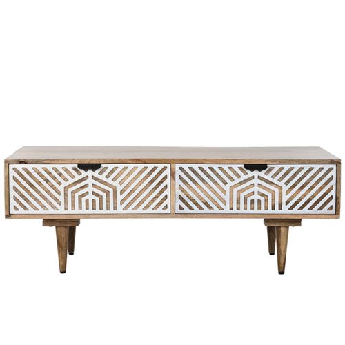Clearance - Guna Mango Wood White Geometric Printed 2 Drawer Coffee Table - FSS16353