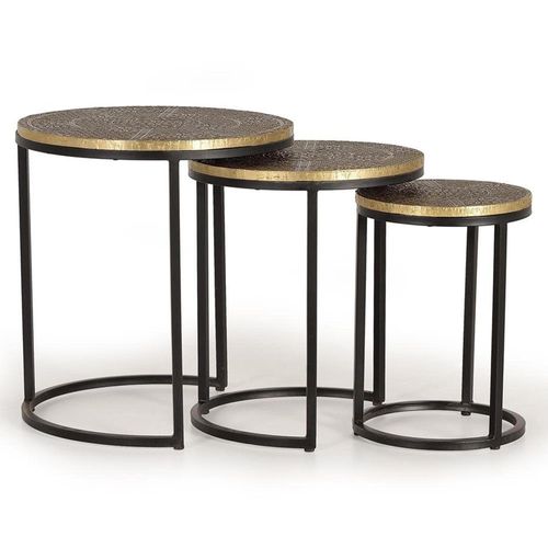 Clearance - Wampembe Carved Bronze Metal Round Nest of 3 Tables - FSS16389