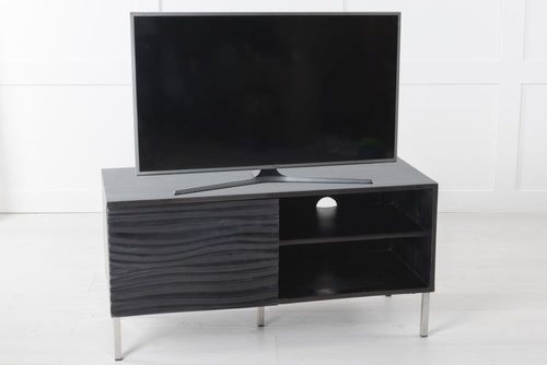 Clearance - Wave Mango Wood TV Unit, Black Ripple Pattern 100cm Wide, Stand Upto 32in Plasma - 1 Door with 2 Shelf - Brand New Item