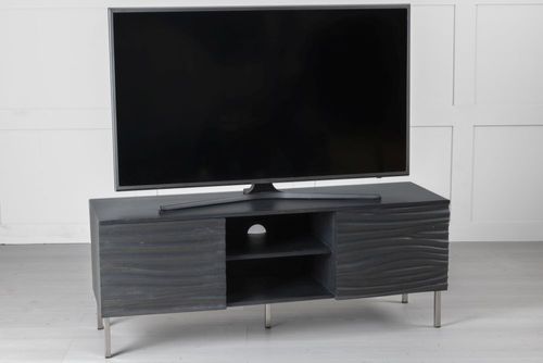 Clearance - Wave Mango Wood TV Unit, Charcoal Grey Ripple Pattern 130cm Wide, Stand Upto 50in Plasma - 2 Door with 3 Shelf - Brand New Item