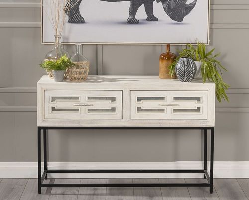 Clearance - Geo White Mirrored Console Table - 2 Drawer - Brand New Item