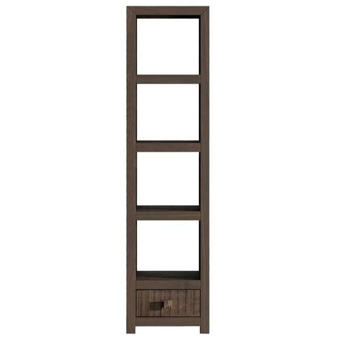 Clearance - Dakota Mango Wood Narrow Bookshelf, Indian Dark Walnut Rustic Finish, 1 Drawer Bottom Storage Shelving Unit - Open Display Unit - Brand New Item