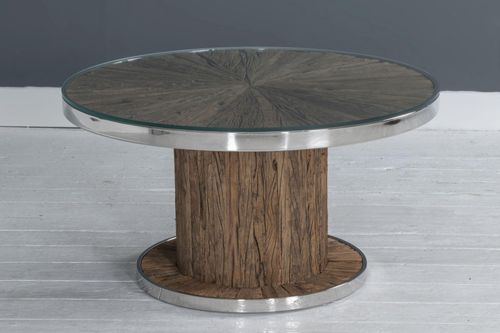 Clearance - Railway Sleeper Coffee Table with Glass Top, Round Column Base, Made from Reclaimed Wood and Steel Trim - Brand New Item