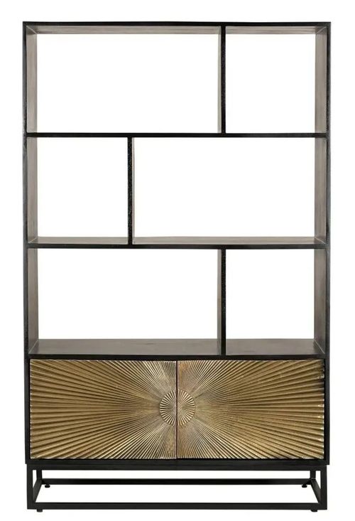 Clearance - Luxe Black and Antique Gold Starburst Open Display Shelving Unit with Cupboard - Brand New Item