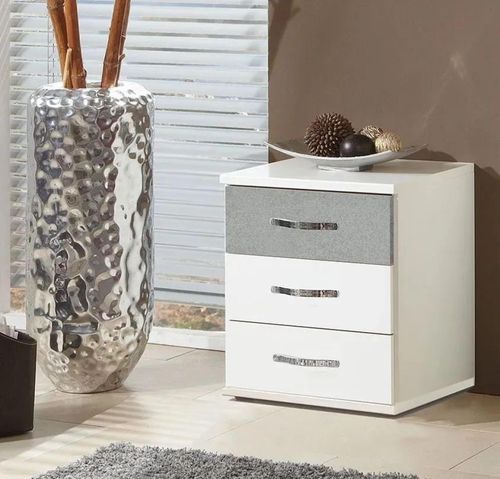 IN STOCK Duo White and Grey 3 Drawer Bedside Cabinet