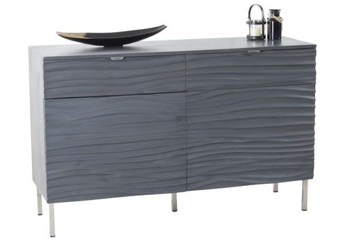 Clearance - Ripple Grey Wave Mango Wood 120cm Small Sideboard with Black Geometric Trim - 2 Doors - Brand New Item