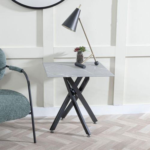 Clearance - Chopstick Grey Glass Square Side Table with Black Metal Legs