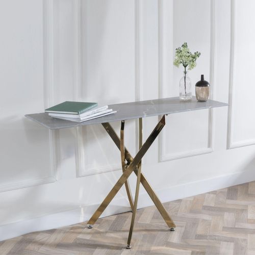Clearance - Chopstick Grey Glass Console Table with Gold Metal Legs