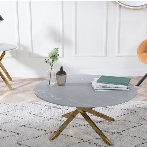 Clearance - Chopstick Grey Glass Round Coffee Table with Gold Metal Legs