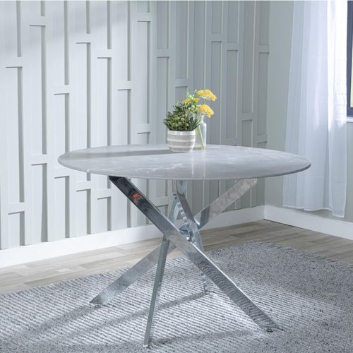 Clearance - Chopstick 4 Seater Grey Glass Round Dining Table with Chrome Metal Legs - 110cm