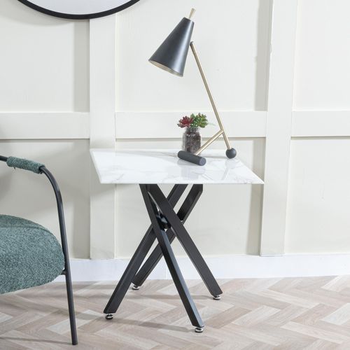 Clearance - Chopstick White Glass Square Side Table with Black Metal Legs
