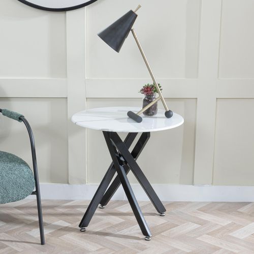 Clearance - Chopstick White Glass Round Side Table with Black Metal Legs