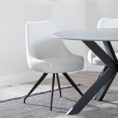 Arctic Cream Boucle Fabric Swivel Dining Chair with Black Legs