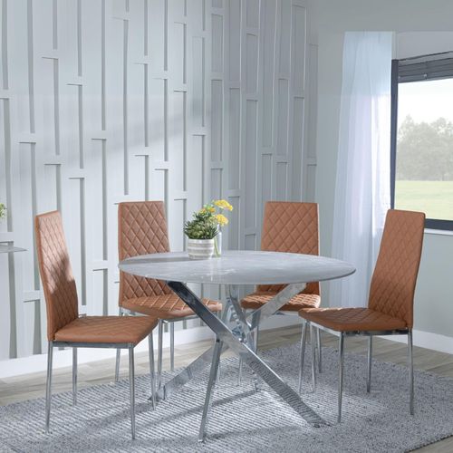 Clearance - Chopstick Grey Glass and Chrome Metal 4 Seater Round Dining Set - 4 Metro Burnt Orange Leather Chairs with Chrome Legs