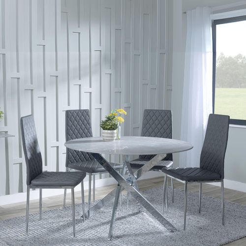 Clearance - Chopstick Grey Glass and Chrome Metal 4 Seater Round Dining Set - 4 Metro Grey Leather Chairs with Chrome Legs