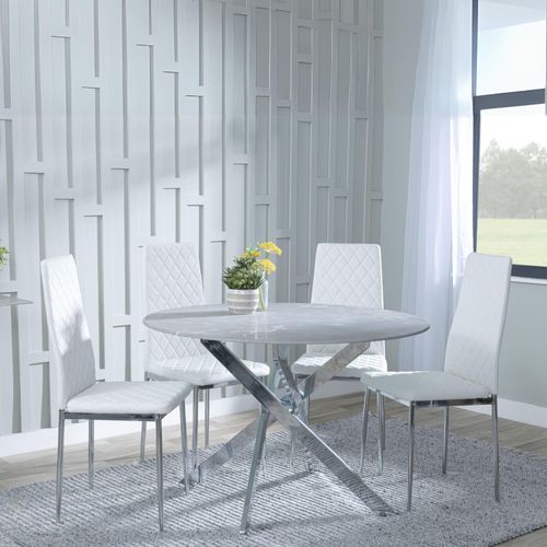Clearance - Chopstick Grey Glass and Chrome Metal 4 Seater Round Dining Set - 4 Metro White Leather Chairs with Chrome Legs