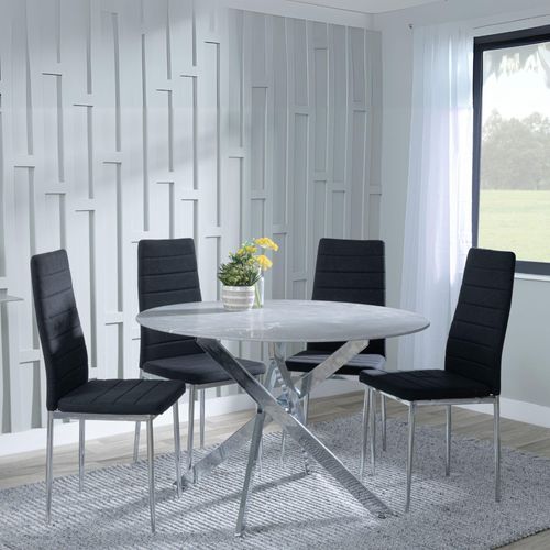 Clearance - Chopstick Grey Glass and Chrome Metal 4 Seater Round Dining Set - 4 Lido Black Fabric Chairs with Chrome Legs