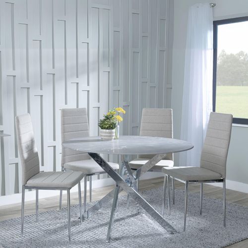 Clearance - Chopstick Grey Glass and Chrome Metal 4 Seater Round Dining Set - 4 Lido Sand Fabric Chairs with Chrome Legs