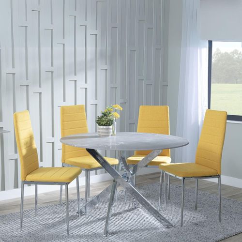 Clearance - Chopstick Grey Glass and Chrome Metal 4 Seater Round Dining Set - 4 Lido Yellow Fabric Chairs with Chrome Legs
