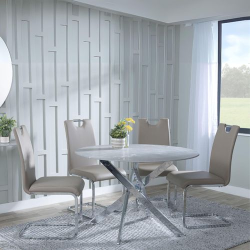 Clearance - Chopstick Grey Glass and Chrome Metal 4 Seater Round Dining Set - 4 Bianco Beige Faux Leather Dining Chair