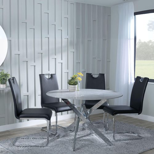 Clearance - Chopstick Grey Glass and Chrome Metal 4 Seater Round Dining Set - 4 Bianco Black Faux Leather Dining Chair