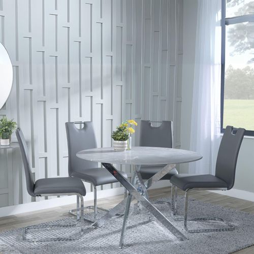 Clearance - Chopstick Grey Glass and Chrome Metal 4 Seater Round Dining Set - 4 Bianco Grey Faux Leather Dining Chair