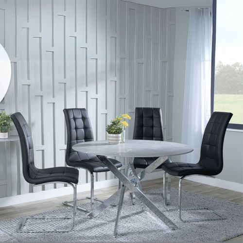 Clearance - Chopstick Grey Glass and Chrome Metal 4 Seater Round Dining Set - 4 Jamison Black Faux Leather Dining Chair