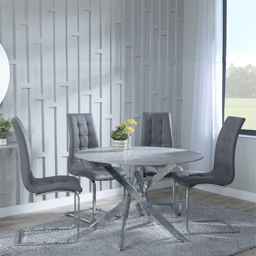 Clearance - Chopstick Grey Glass and Chrome Metal 4 Seater Round Dining Set - 4 Jamison Grey Faux Leather Dining Chair
