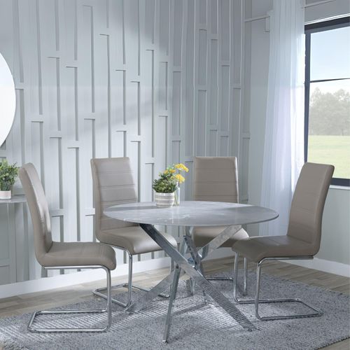 Clearance - Chopstick Grey Glass and Chrome Metal 4 Seater Round Dining Set - 4 Roma Beige Faux Leather Dining Chair