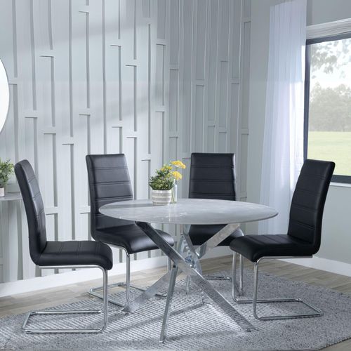 Clearance - Chopstick Grey Glass and Chrome Metal 4 Seater Round Dining Set - 4 Roma Black Faux Leather Dining Chair