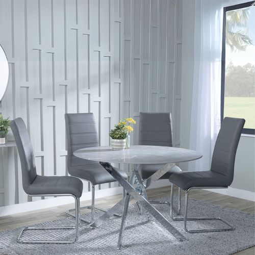 Clearance - Chopstick Grey Glass and Chrome Metal 4 Seater Round Dining Set - 4 Roma Grey Faux Leather Dining Chair
