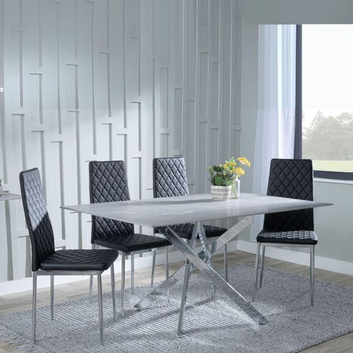 Clearance - Chopstick Grey Glass and Chrome Metal Dining Set - Metro Black Leather Chairs with Chrome Legs
