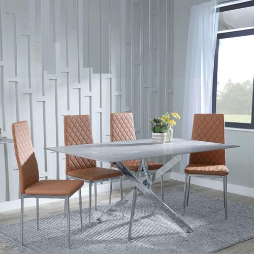 Clearance - Chopstick Grey Glass and Chrome Metal Dining Set - Metro Burnt Orange Leather Chairs with Chrome Legs