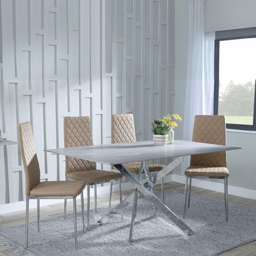 Clearance - Chopstick Grey Glass and Chrome Metal Dining Set - Metro Cappuccino Leather Chairs with Chrome Legs