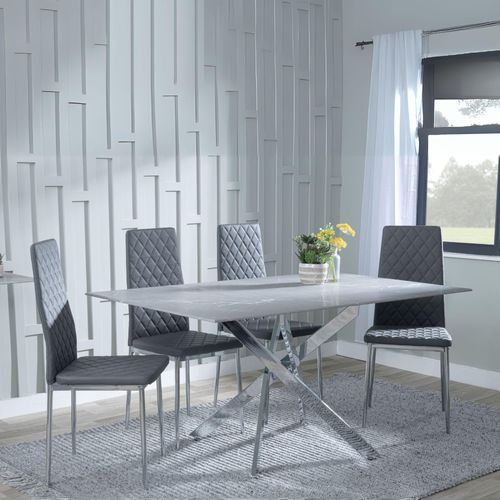 Clearance - Chopstick Grey Glass and Chrome Metal Dining Set - Metro Grey Leather Chairs with Chrome Legs