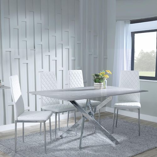 Clearance - Chopstick Grey Glass and Chrome Metal Dining Set - Metro White Leather Chairs with Chrome Legs