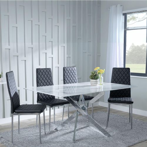 Clearance - Chopstick White Glass and Chrome Metal Dining Set - Metro Black Leather Chairs with Chrome Legs