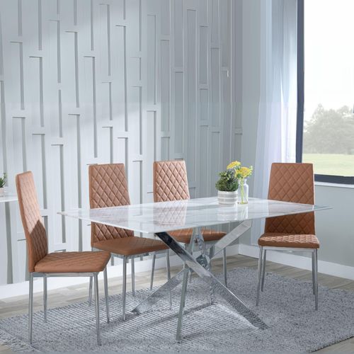 Clearance - Chopstick White Glass and Chrome Metal Dining Set - Metro Burnt Orange Leather Chairs with Chrome Legs