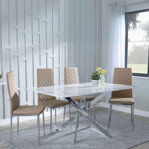 Clearance - Chopstick White Glass and Chrome Metal Dining Set - Metro Cappuccino Leather Chairs with Chrome Legs