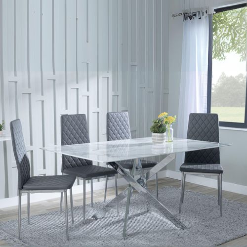 Clearance - Chopstick White Glass and Chrome Metal Dining Set - Metro Grey Leather Chairs with Chrome Legs